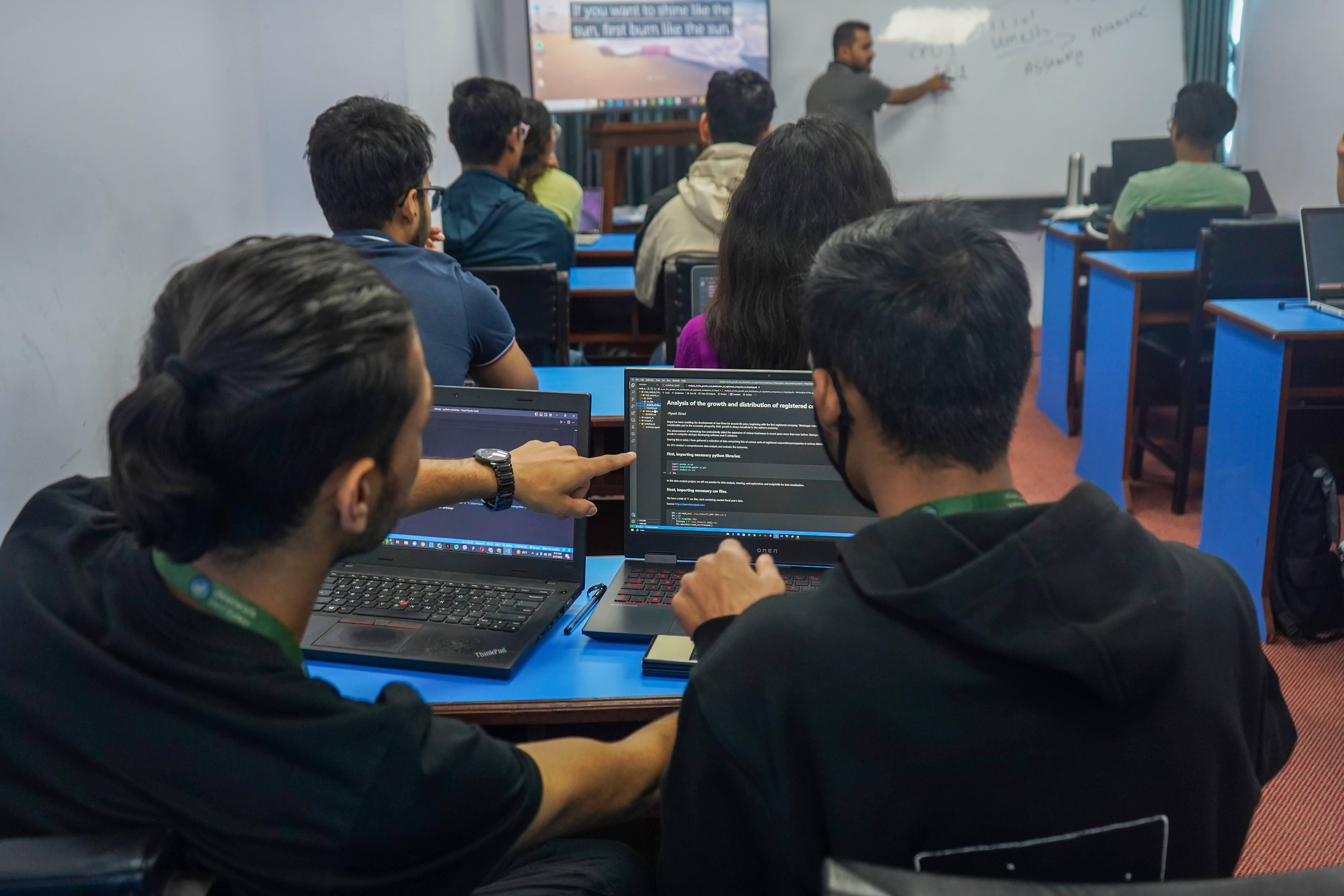 R&D workplace with interns working